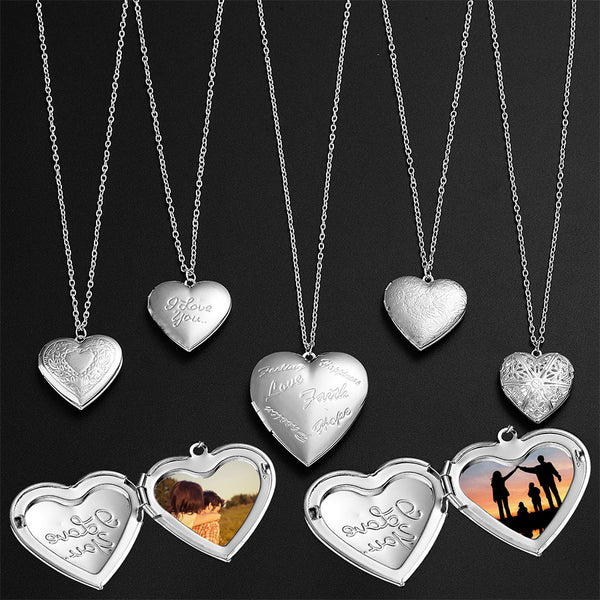 Carved Design Love Necklace Personalized Heart-shaped Photo Frame Pendant Necklace For Women Family Jewelry For Valentine's Day
