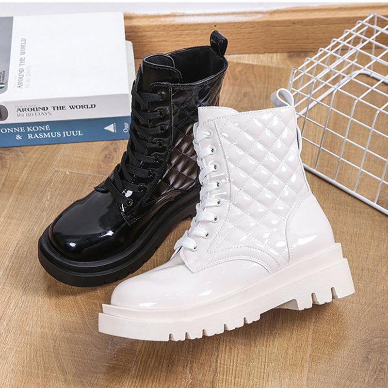 Lace-up Thick-heeled Boots Winter Casual Round Toe Platform Ankle Boots Women Fashion Quilted Pattern Minimalist Motorcycle Shoes